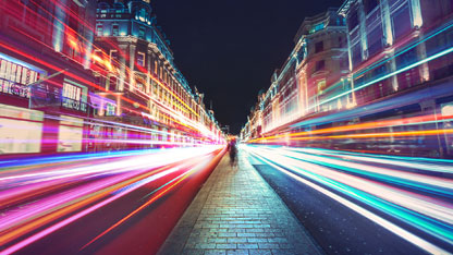 Blurred, Time-lapsed traffic lights race by in London