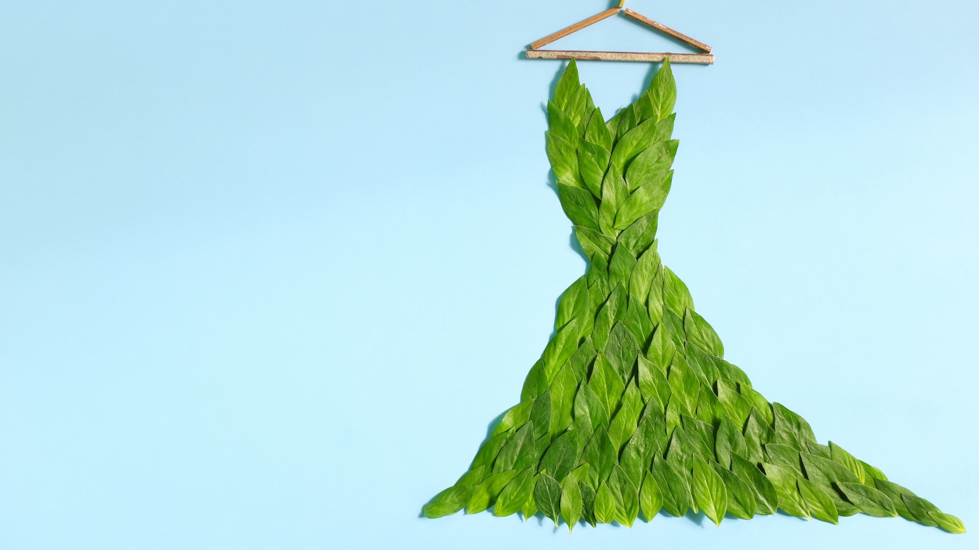 A dress made of leaves hanging on a hanger.