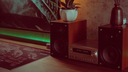 A home audio setup with a stereo receiver, two wooden speakers, and decorative plants on a desk.