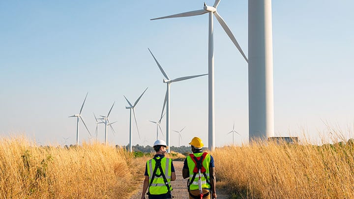 Two workers walking alongside wind turbines