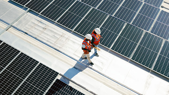 Two workers walking past solar panels