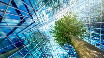 AI image of modern business building with tree and sky